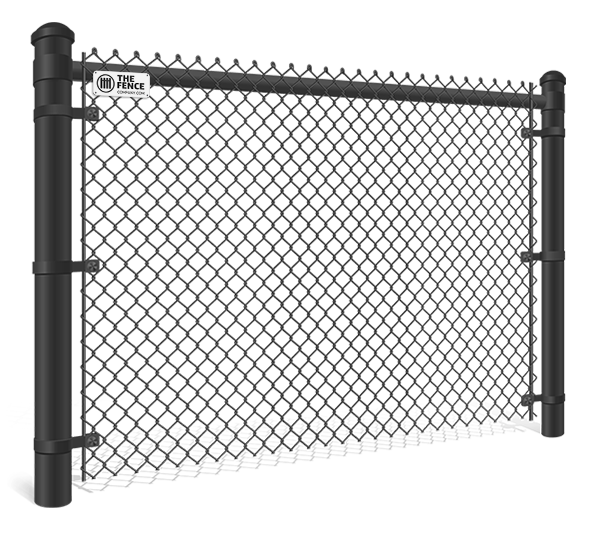 Single panel of a black PVC-coated chain link fence