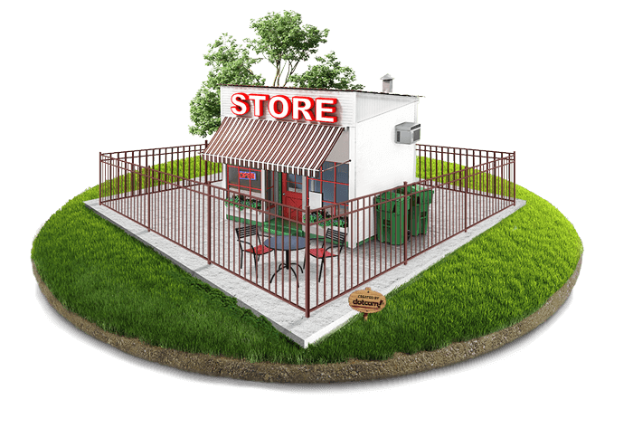 3D illustration showing a decorative steel commercial fence enclosing a small business