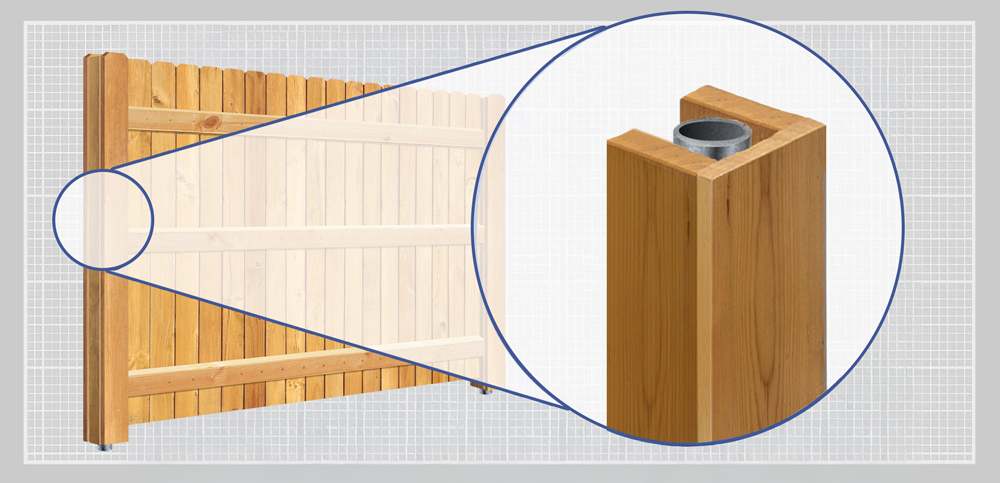 Close up detailed view of wood fence steel post